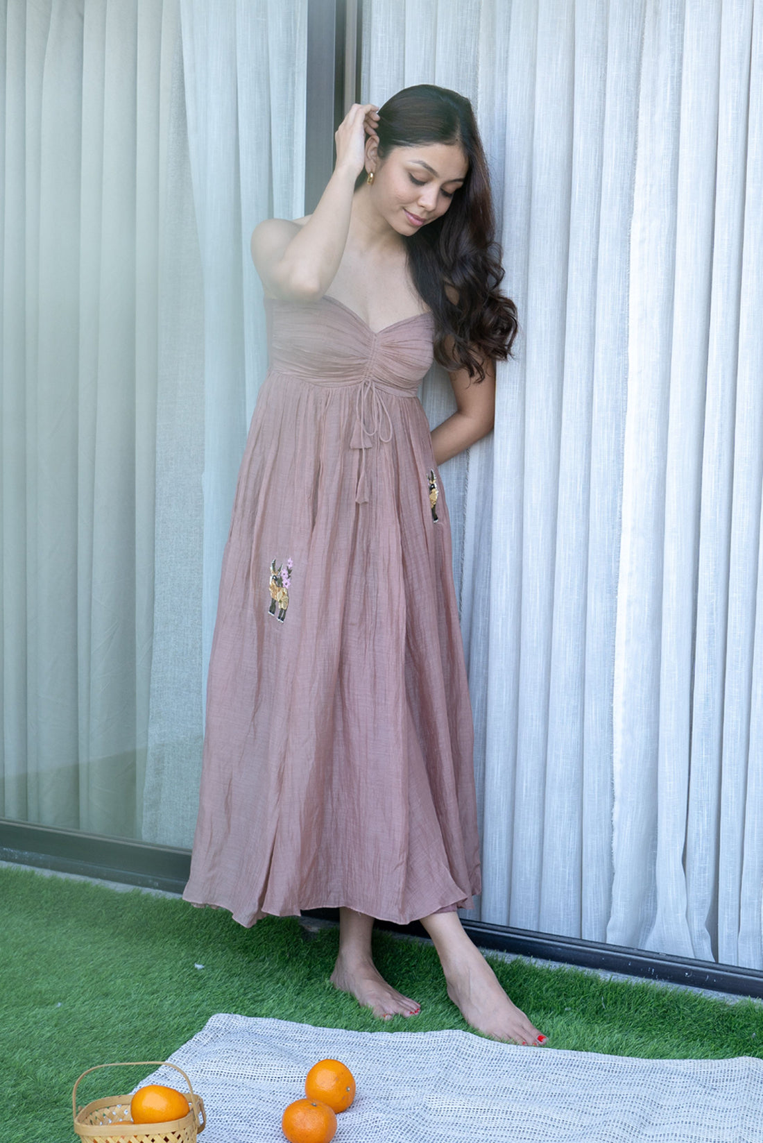 Peach Pleated Handworked Dress