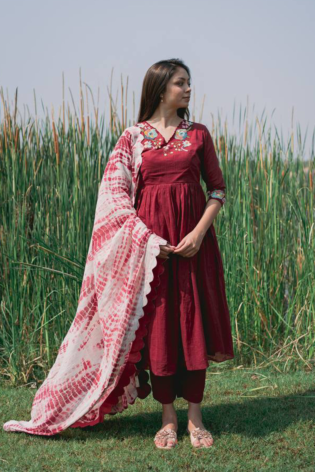 Red Dress Shibori Dupatta Set