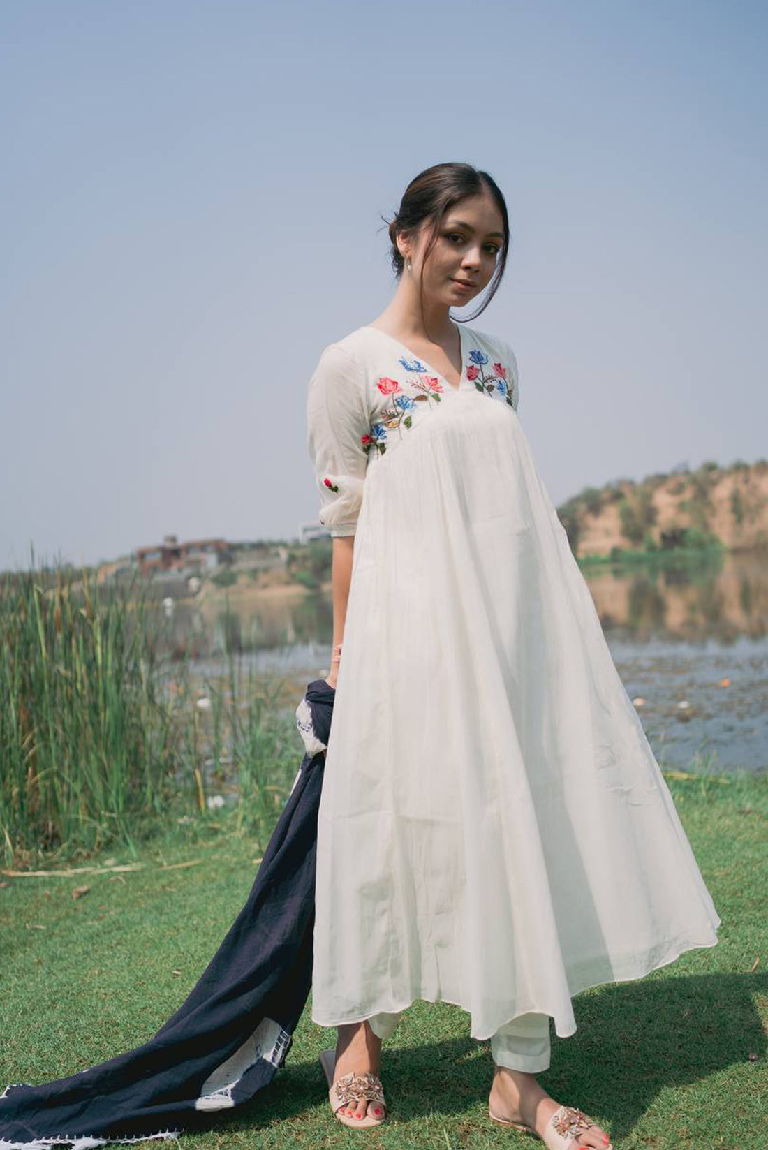 White Dress Shibori Dupatta Set