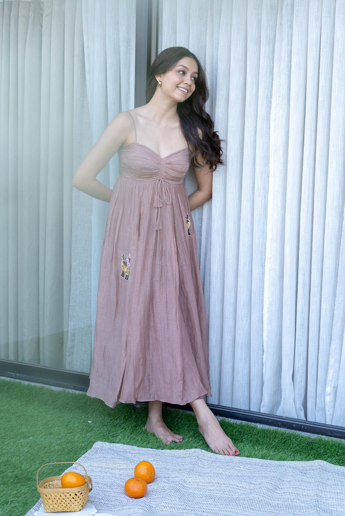 Peach Pleated Handworked Dress