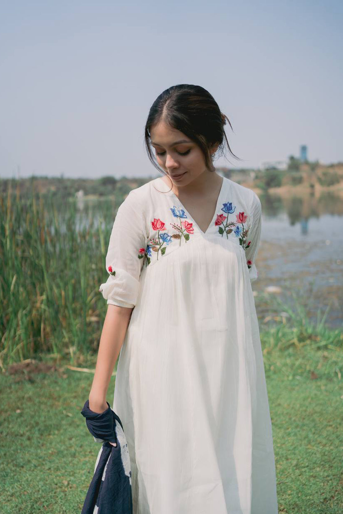 White Dress Shibori Dupatta Set