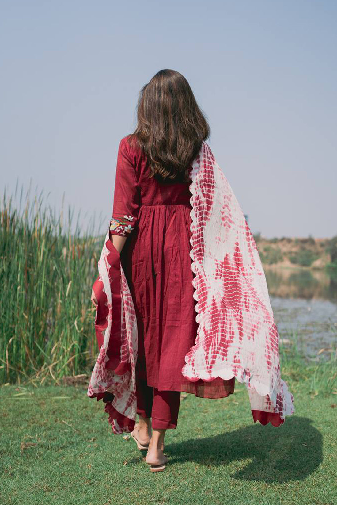 Red Dress Shibori Dupatta Set
