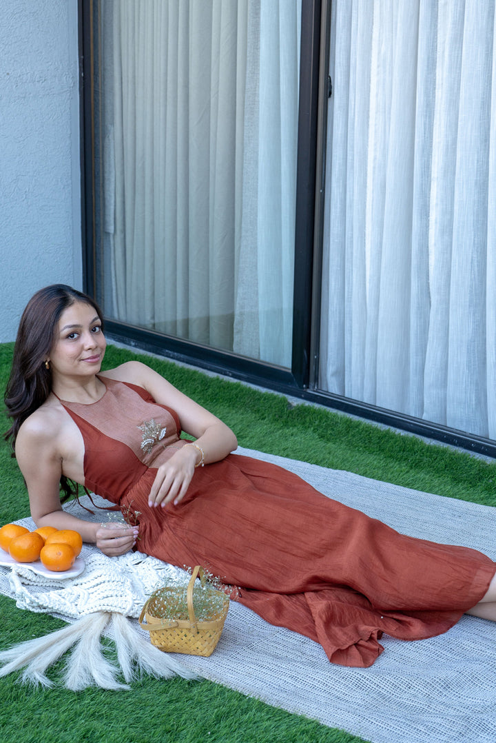 Rust Halter Neck Coconut Crafted Dress