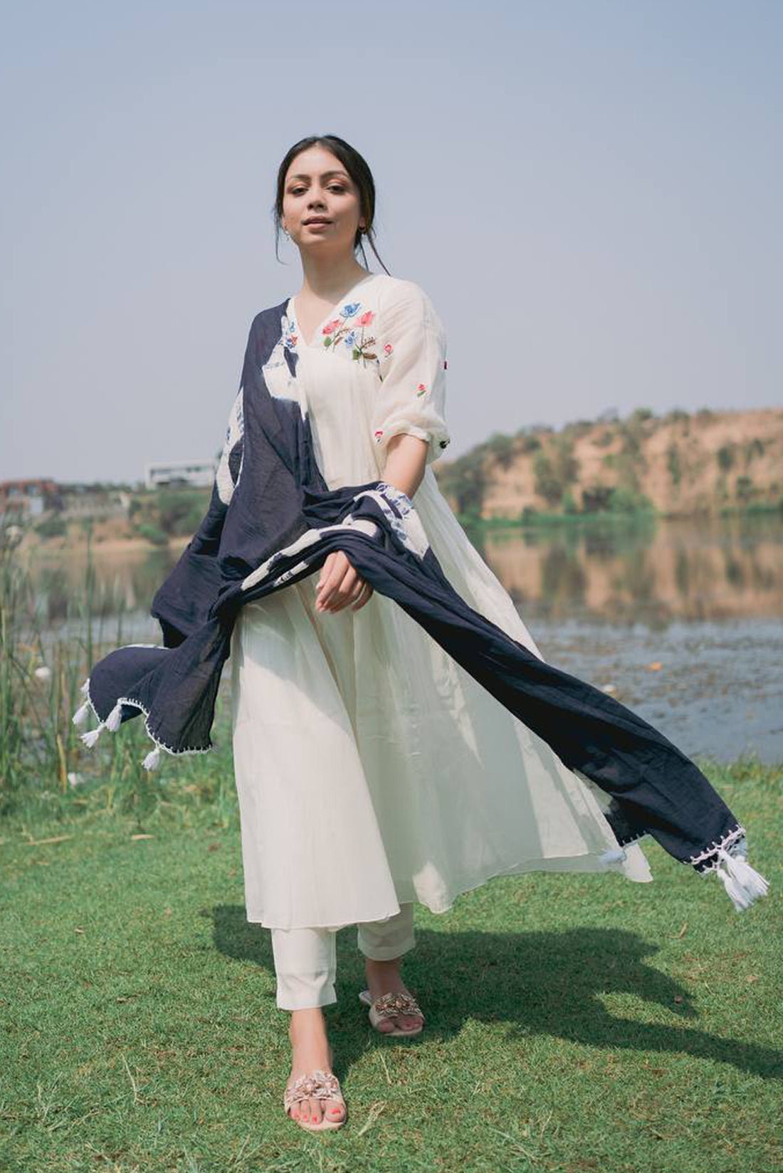 White Dress Shibori Dupatta Set