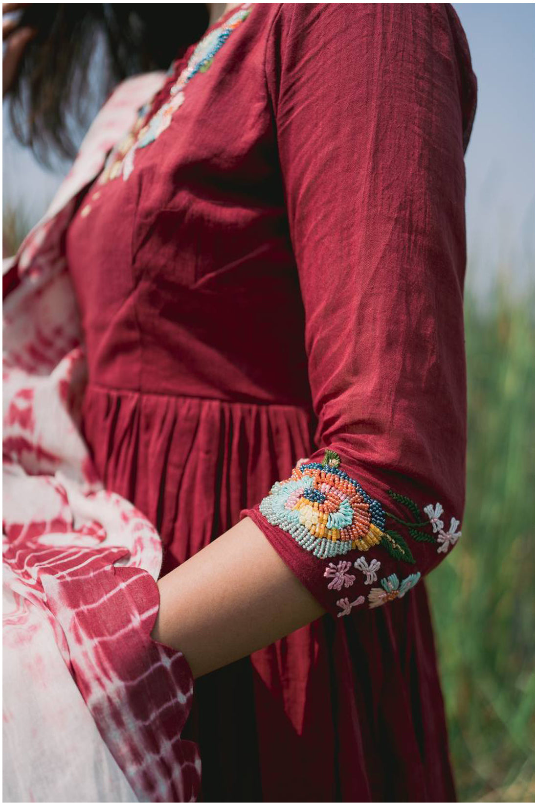 Red Dress Shibori Dupatta Set