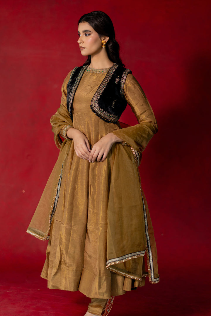 GOLDEN TISSUE SILK ANARKALI SUIT