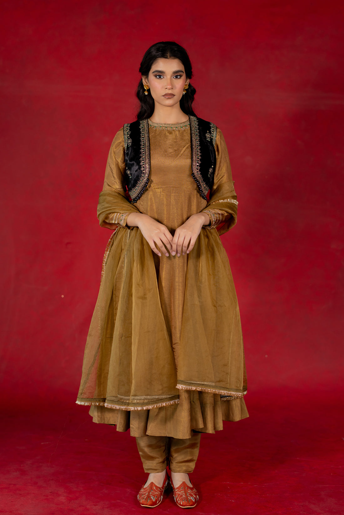GOLDEN TISSUE SILK ANARKALI SUIT