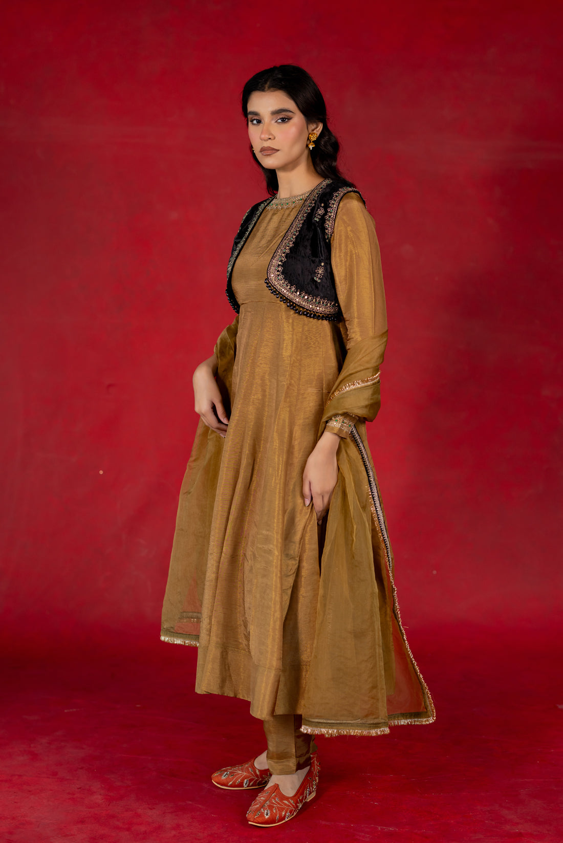 GOLDEN TISSUE SILK ANARKALI SUIT