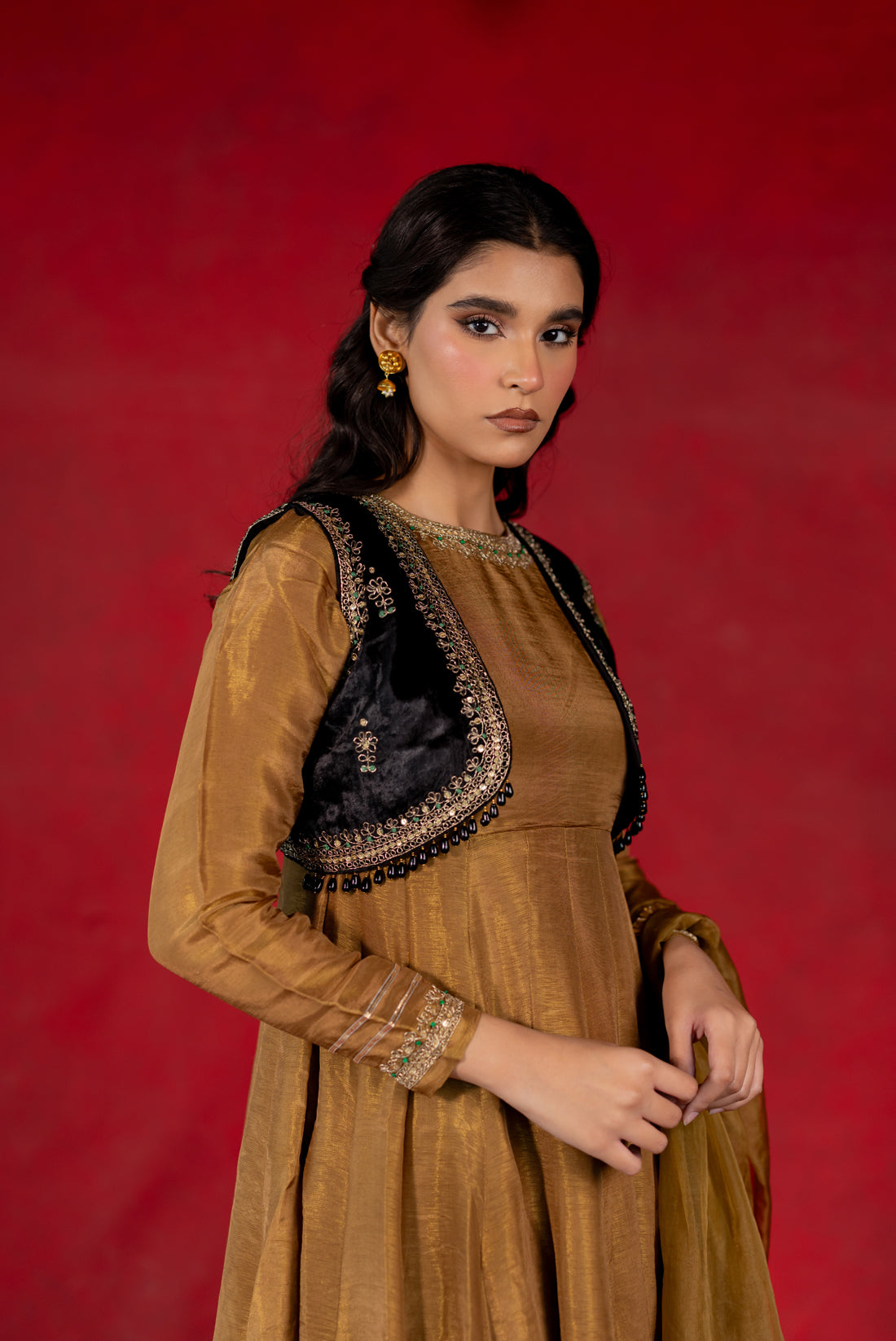 GOLDEN TISSUE SILK ANARKALI SUIT
