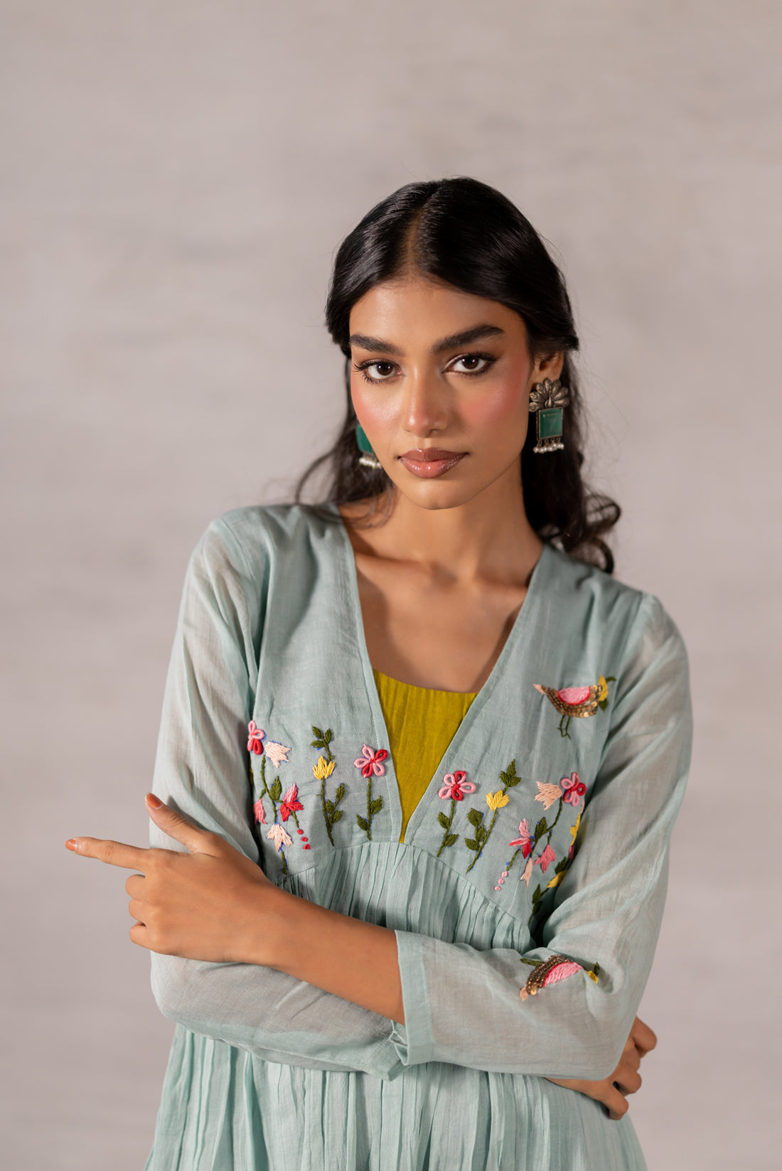 SEA MIST MULL COTTON HAND EMBROIDERED KURTA