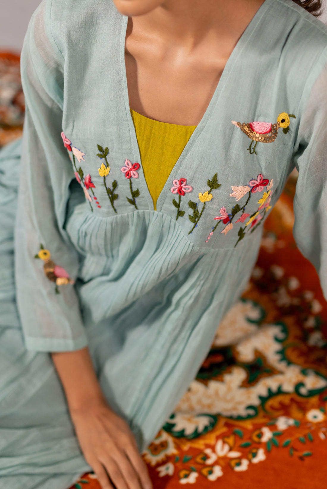 SEA MIST MULL COTTON HAND EMBROIDERED KURTA