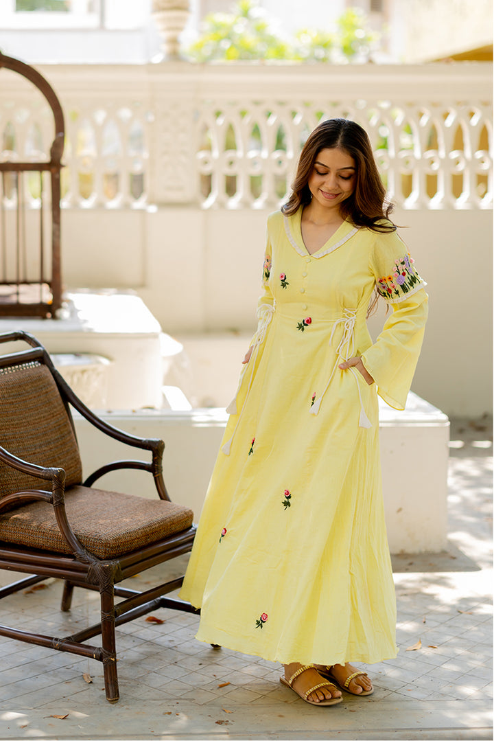 Butter Yellow Hand-Embroidered Cotton Dress