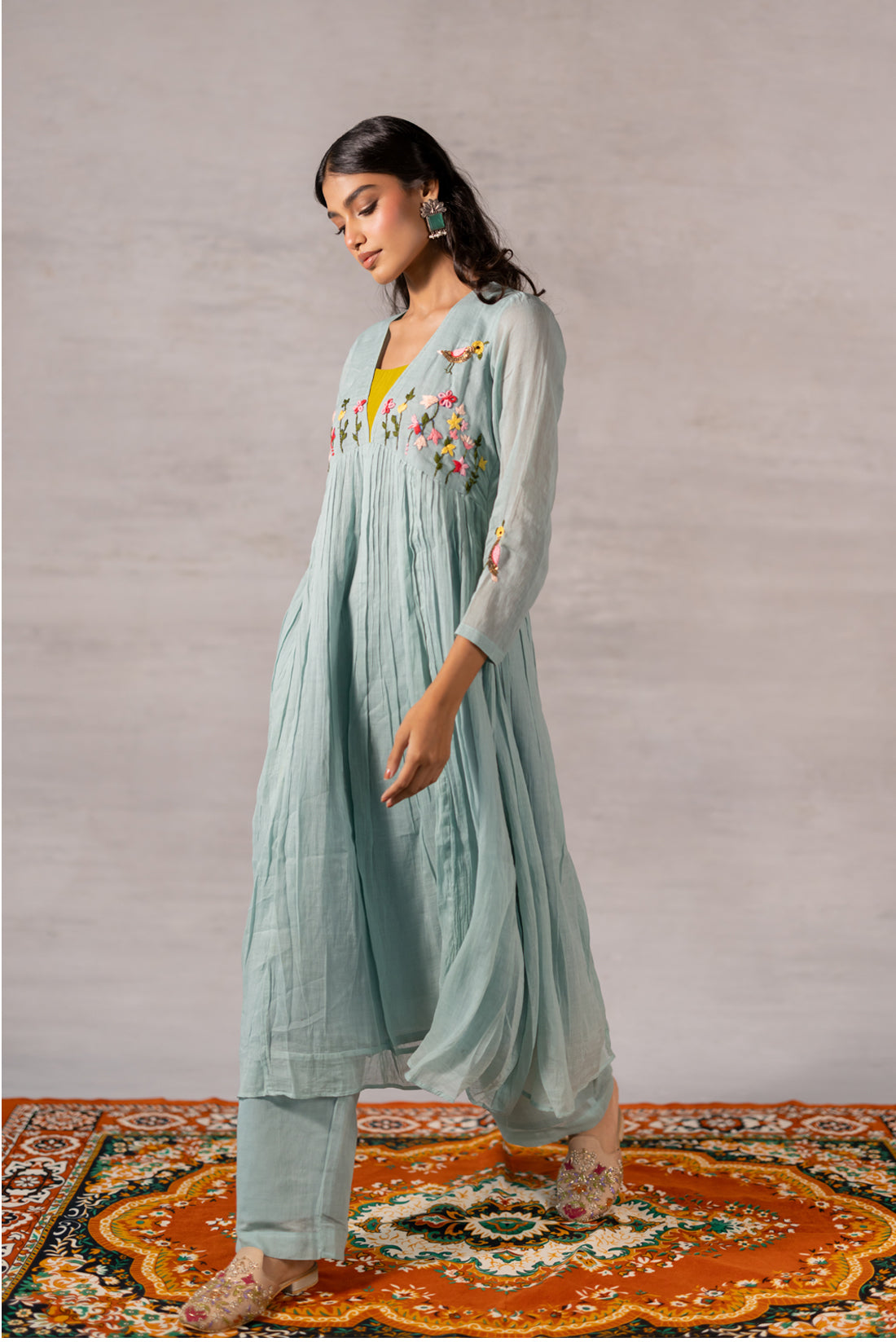 SEA MIST MULL COTTON HAND EMBROIDERED KURTA