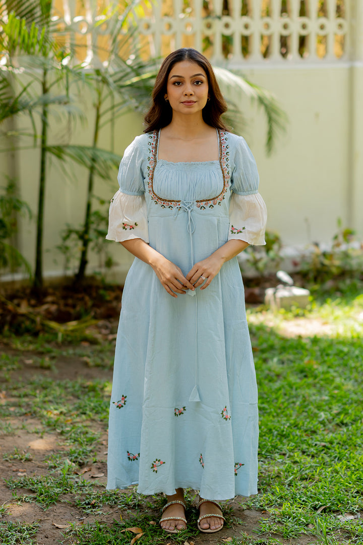 Water Sky Floral Embroidered Cotton Dress