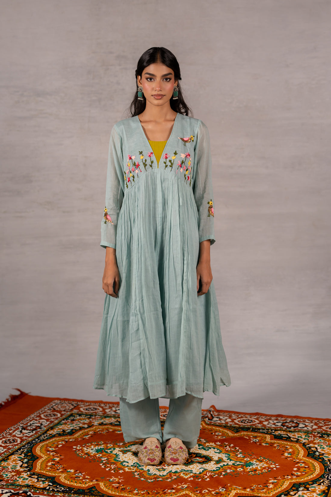 SEA MIST MULL COTTON HAND EMBROIDERED KURTA