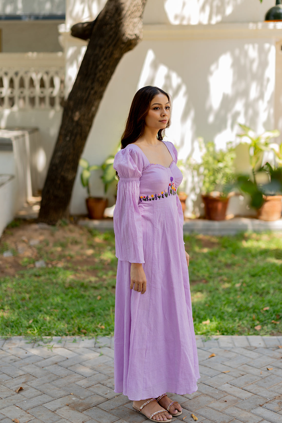 Lilac Thread Embroidered Cotton Dress