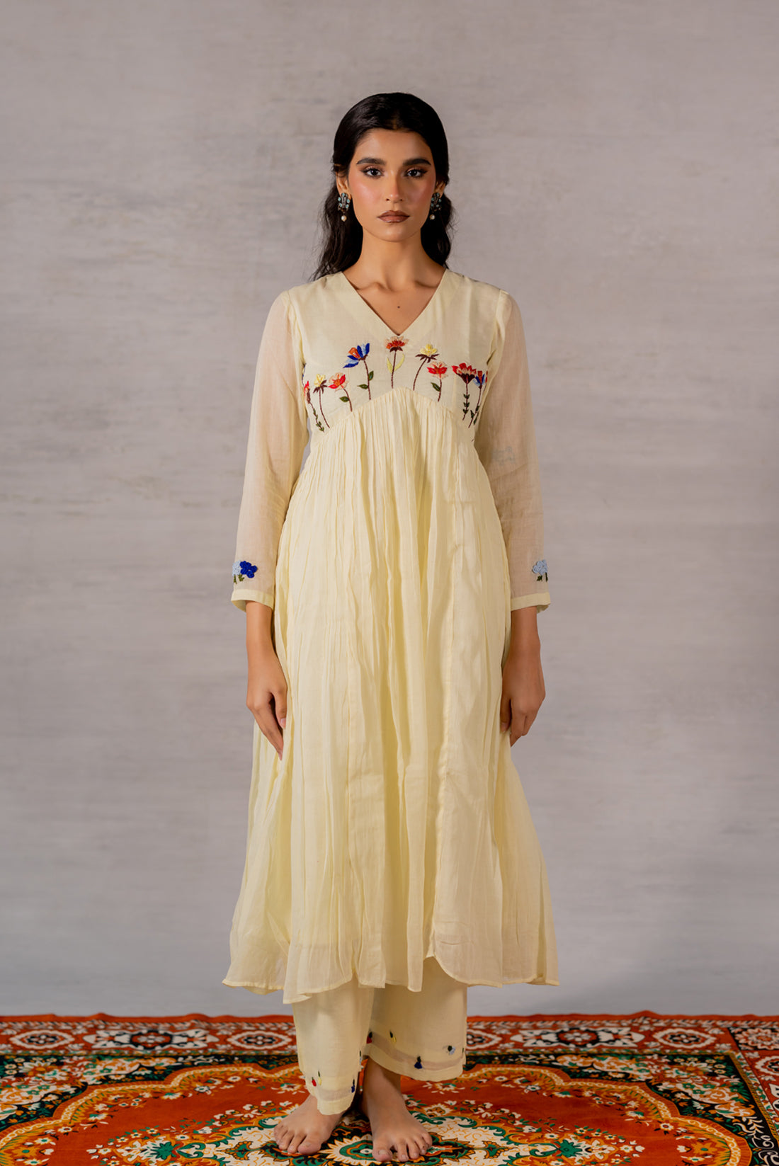 LEMON YELLOW MULL COTTON HAND EMBROIDERED KURTA