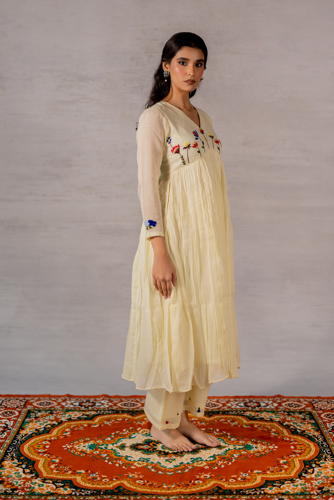 LEMON YELLOW MULL COTTON HAND EMBROIDERED KURTA