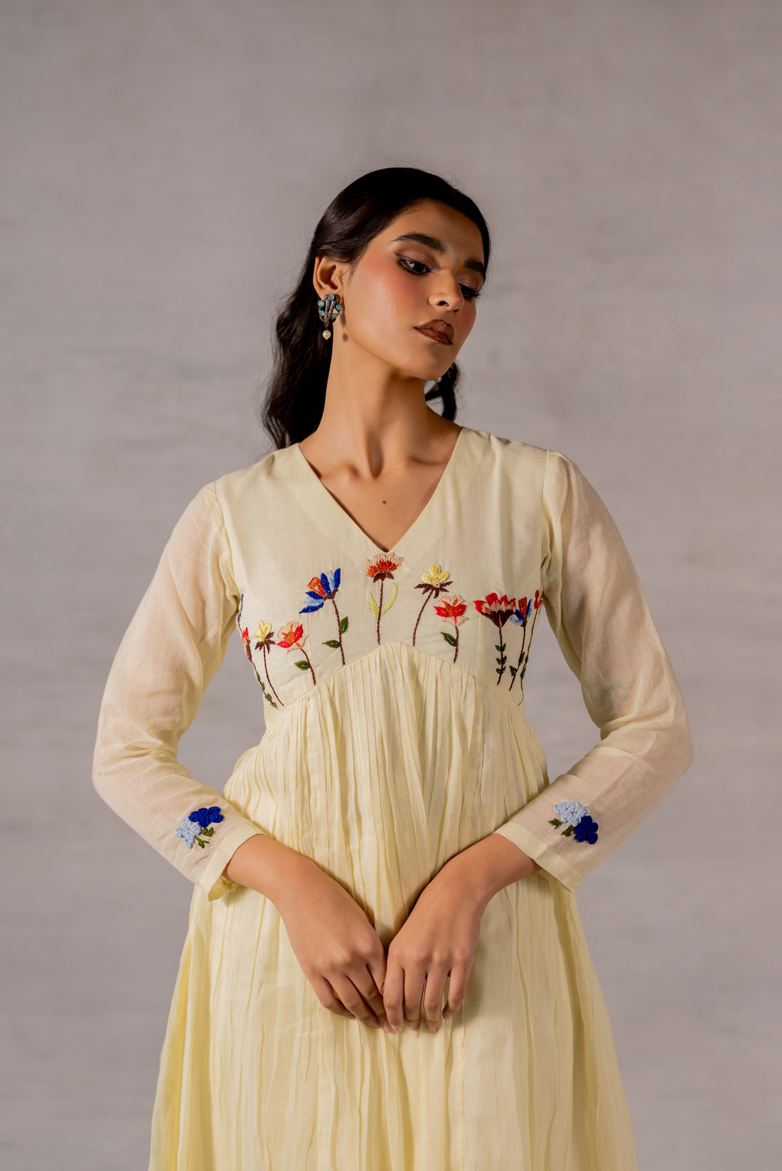 LEMON YELLOW MULL COTTON HAND EMBROIDERED KURTA