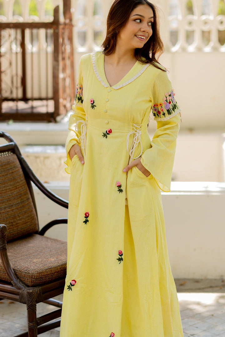Butter Yellow Hand-Embroidered Cotton Dress
