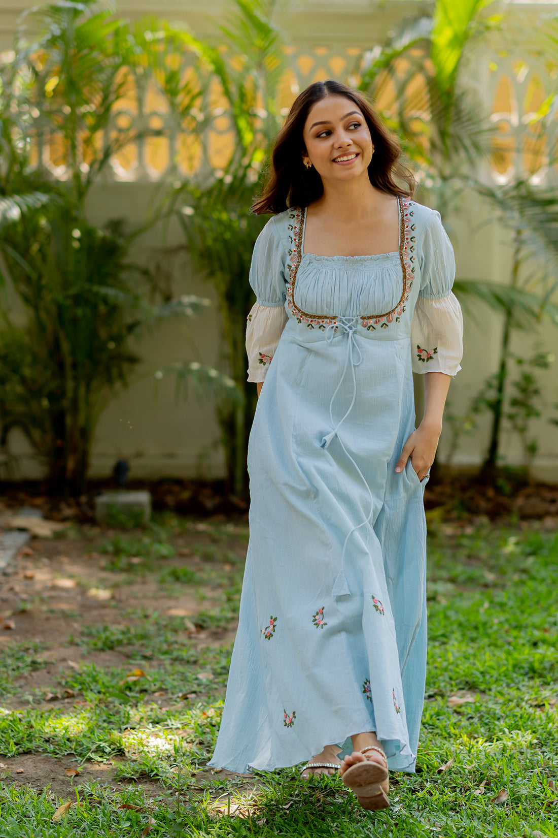 Water Sky Floral Embroidered Cotton Dress