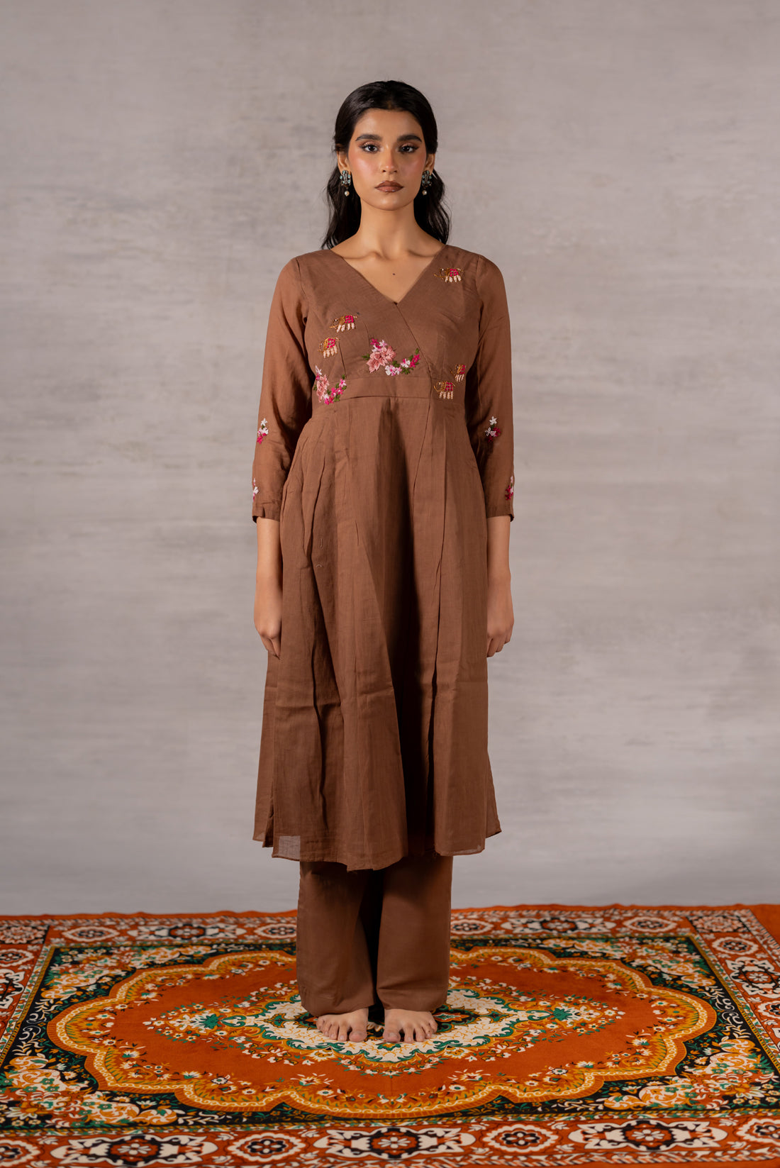 DARK BROWN MULL COTTON HAND EMBROIDERED KURTA
