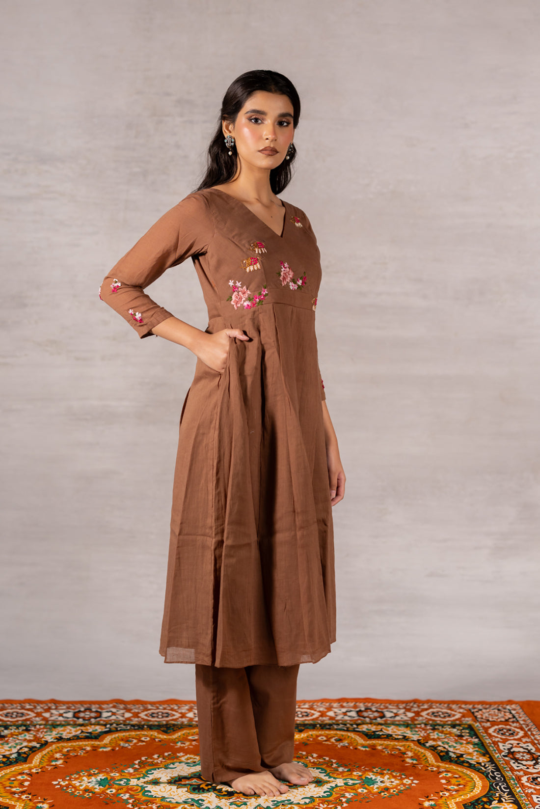 DARK BROWN MULL COTTON HAND EMBROIDERED KURTA