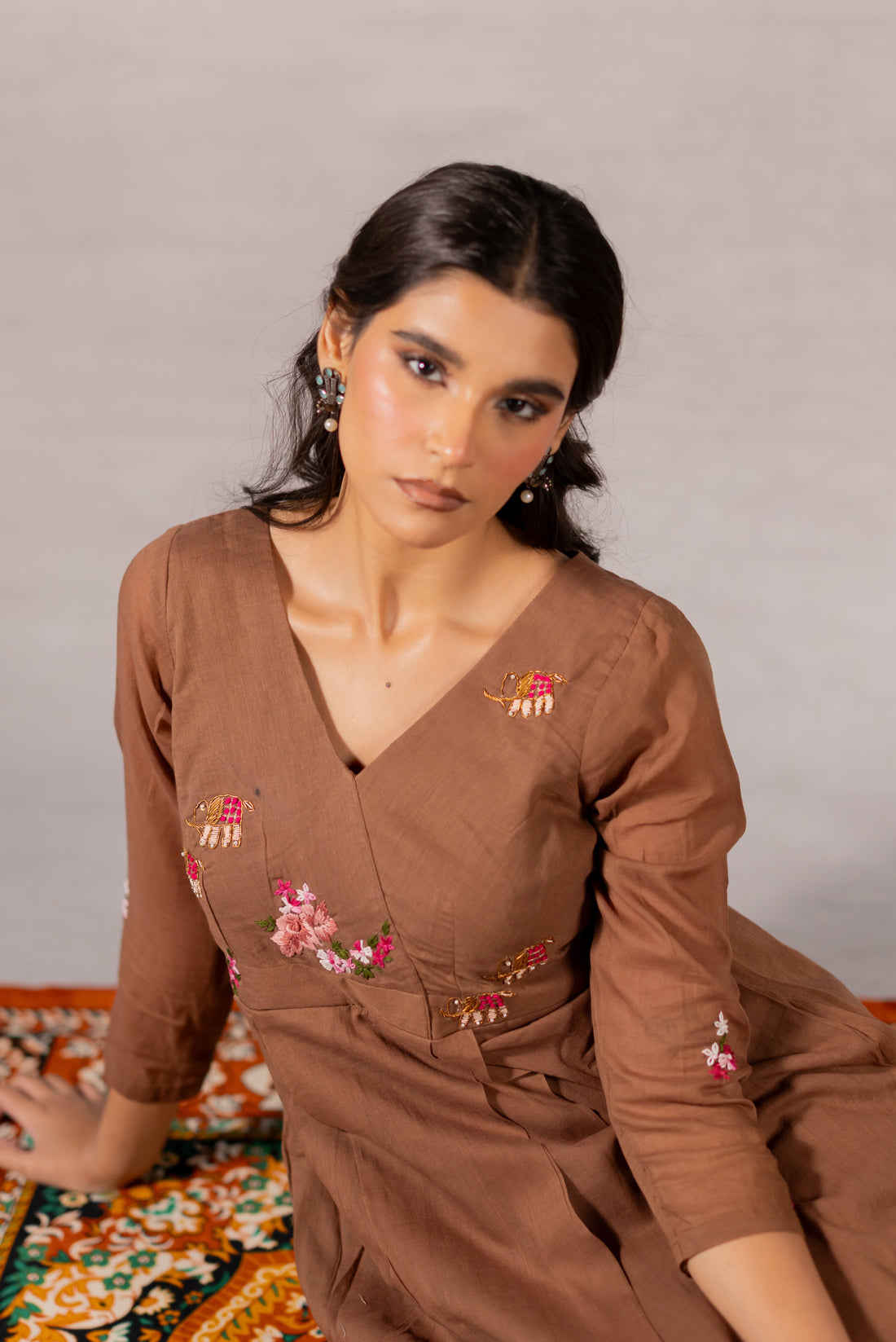DARK BROWN MULL COTTON HAND EMBROIDERED KURTA
