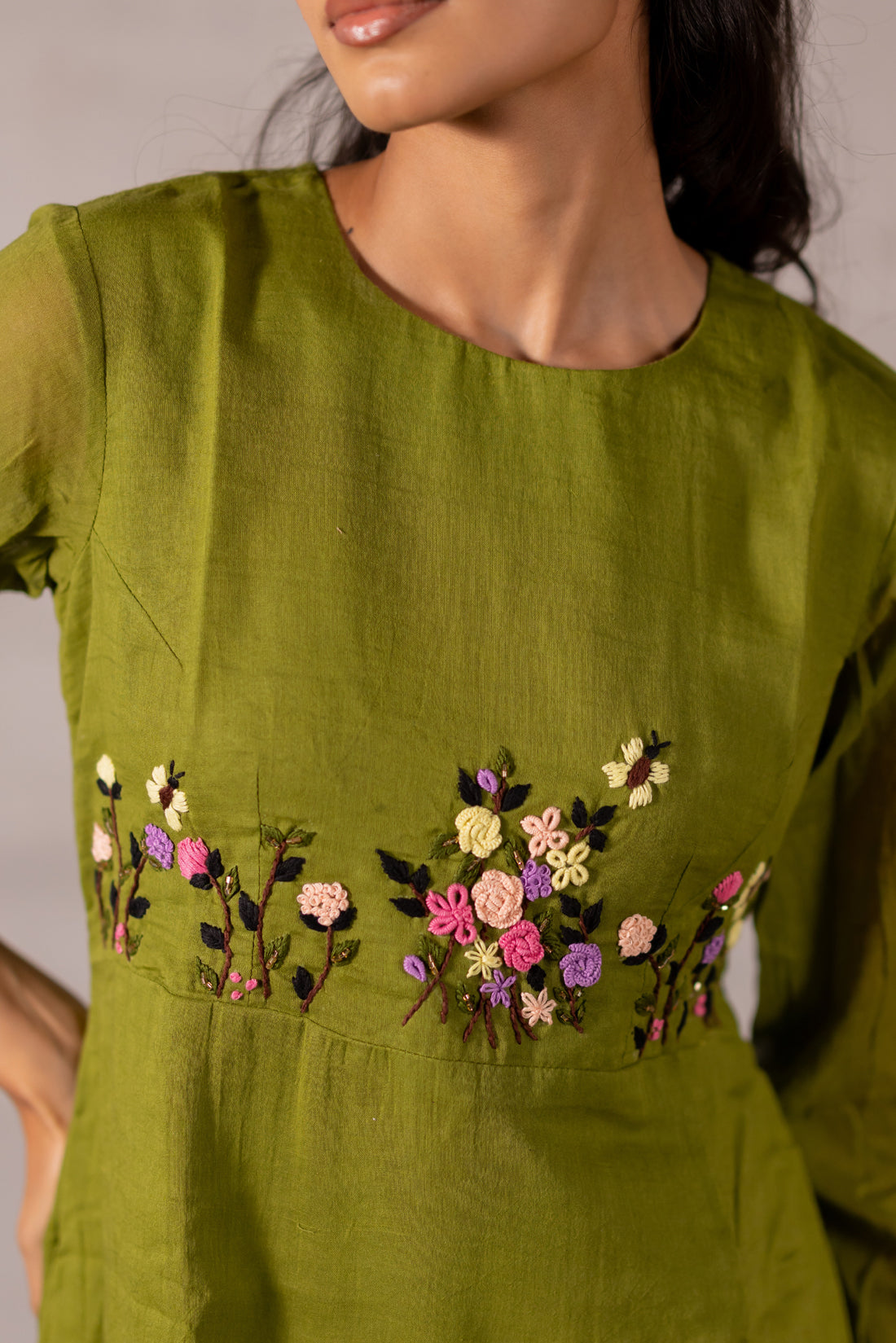AVACADO GREEN FRILLED THREAD EMBROIDERED DRESS