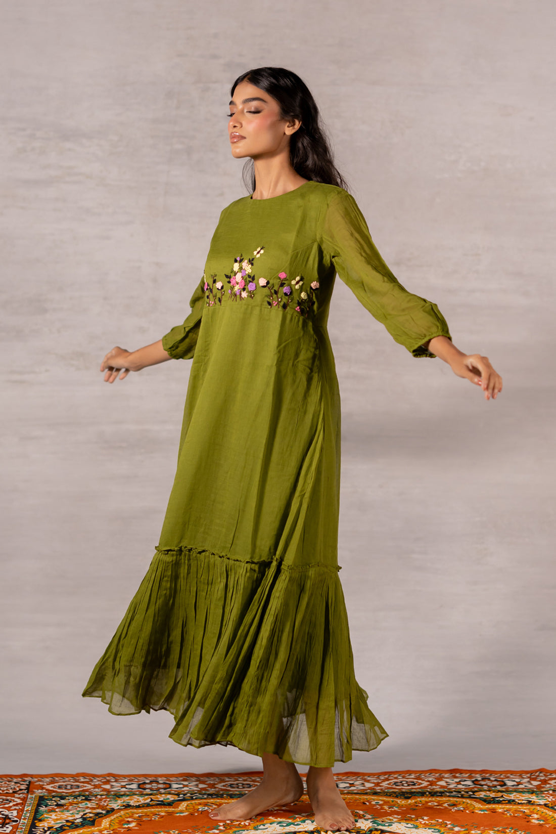 AVACADO GREEN FRILLED THREAD EMBROIDERED DRESS