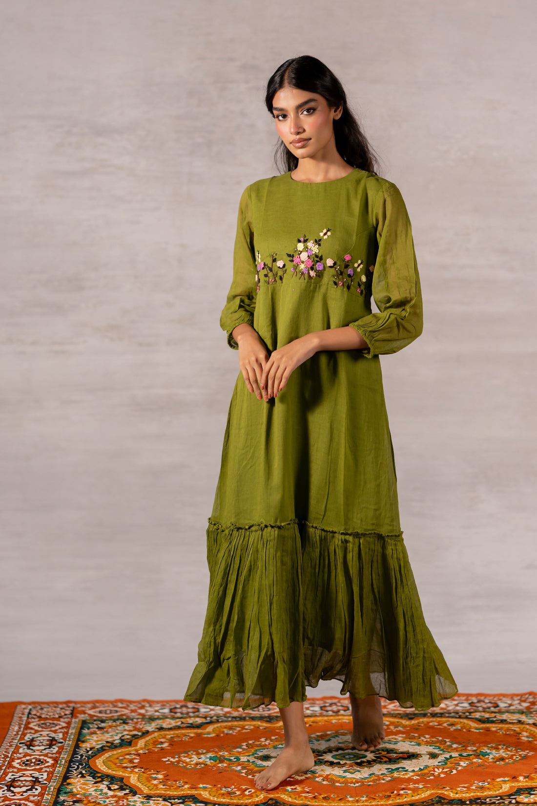AVACADO GREEN FRILLED THREAD EMBROIDERED DRESS