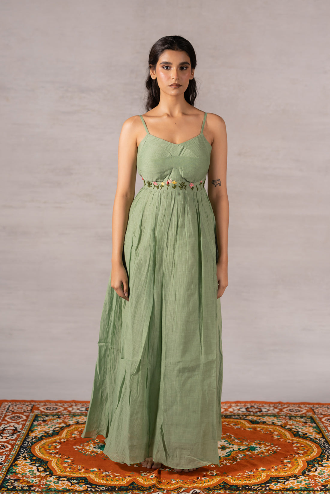 MATCHA GREEN DRAPED  THREAD EMBROIDERED DRESS