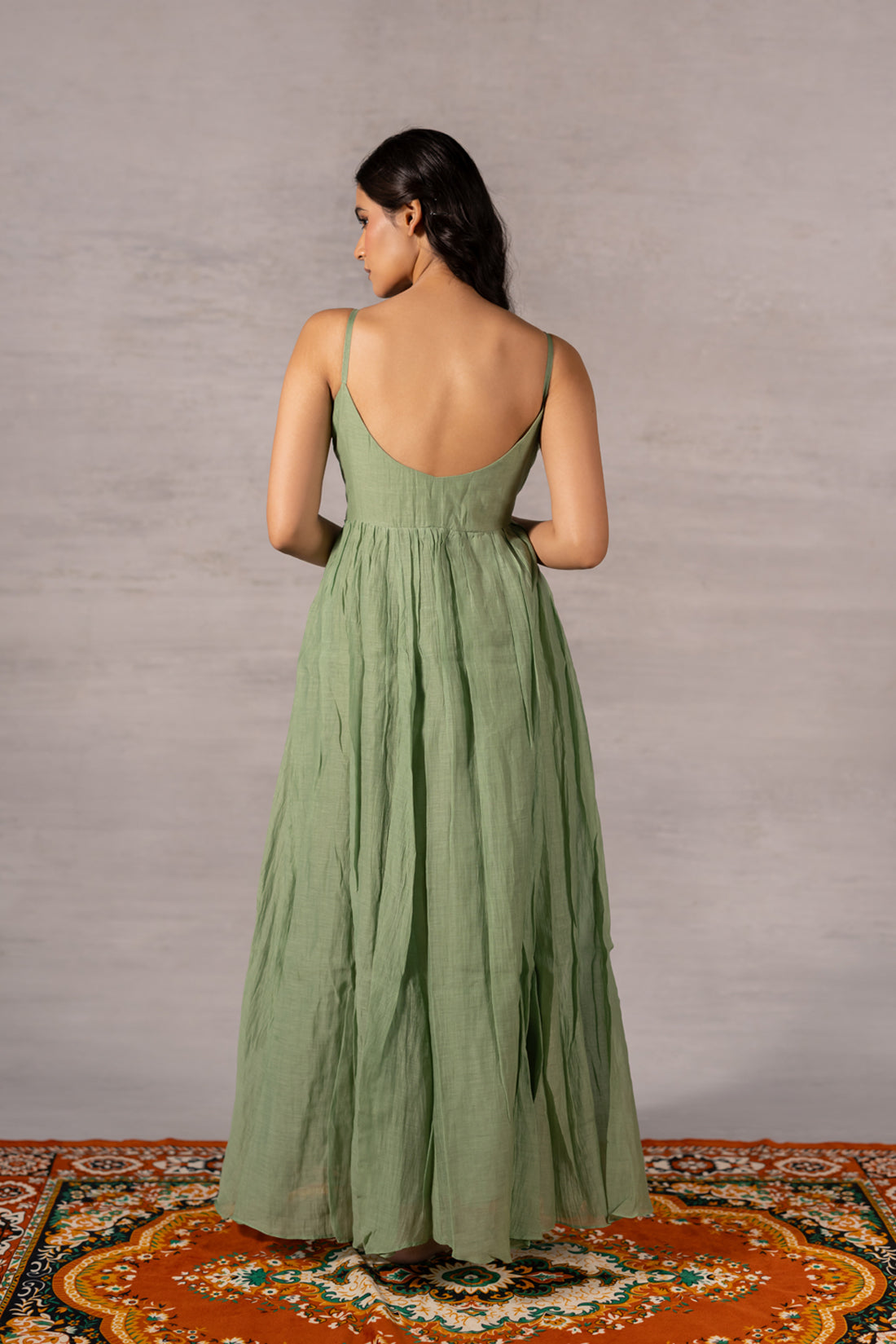 MATCHA GREEN DRAPED  THREAD EMBROIDERED DRESS