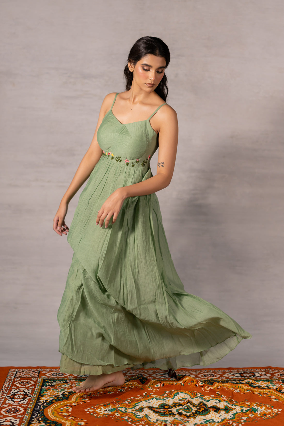 MATCHA GREEN DRAPED  THREAD EMBROIDERED DRESS