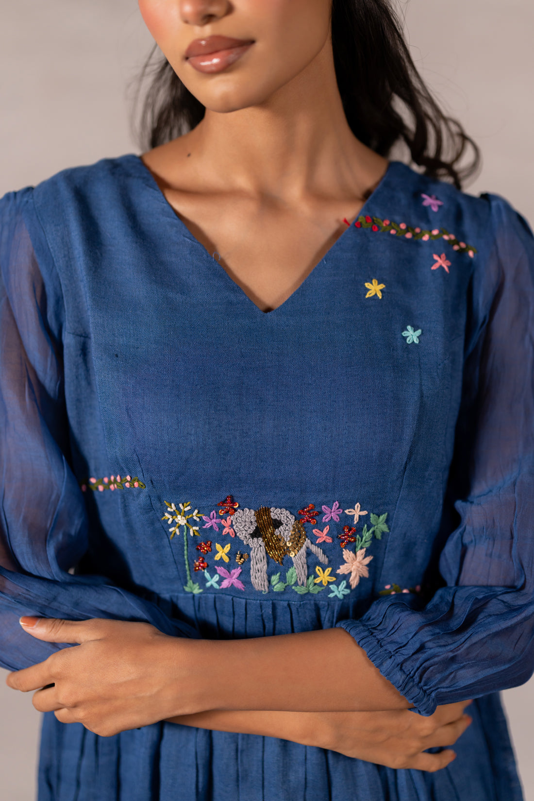 ROYAL BLUE LINEN ELEPHANT MOTIF KURTA